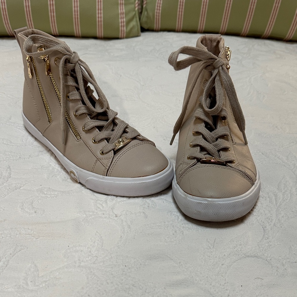 Guess Beige High-Top Sneakers with Gold Zippers